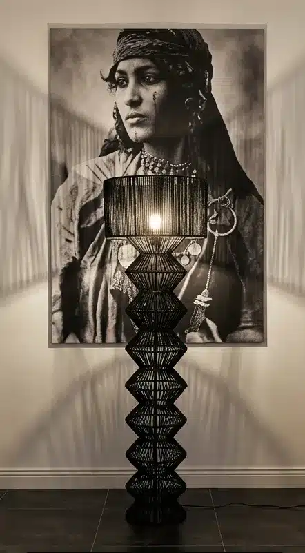 AMANE — Grande lampe sculpturale en corde noire 165cm