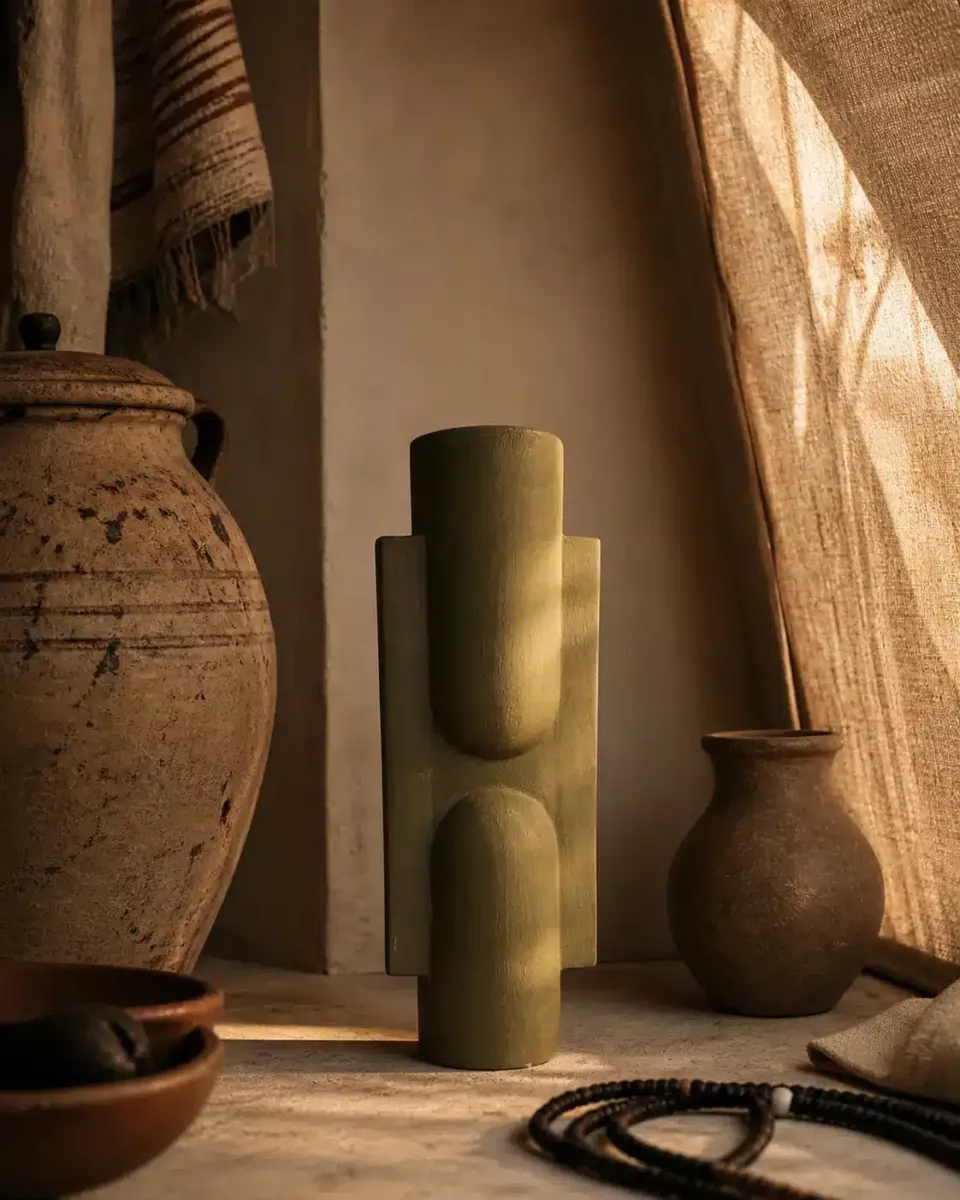 CARAVANE I (OLIVIER FUMÉ) — Vase totem en terre cuite 34cm