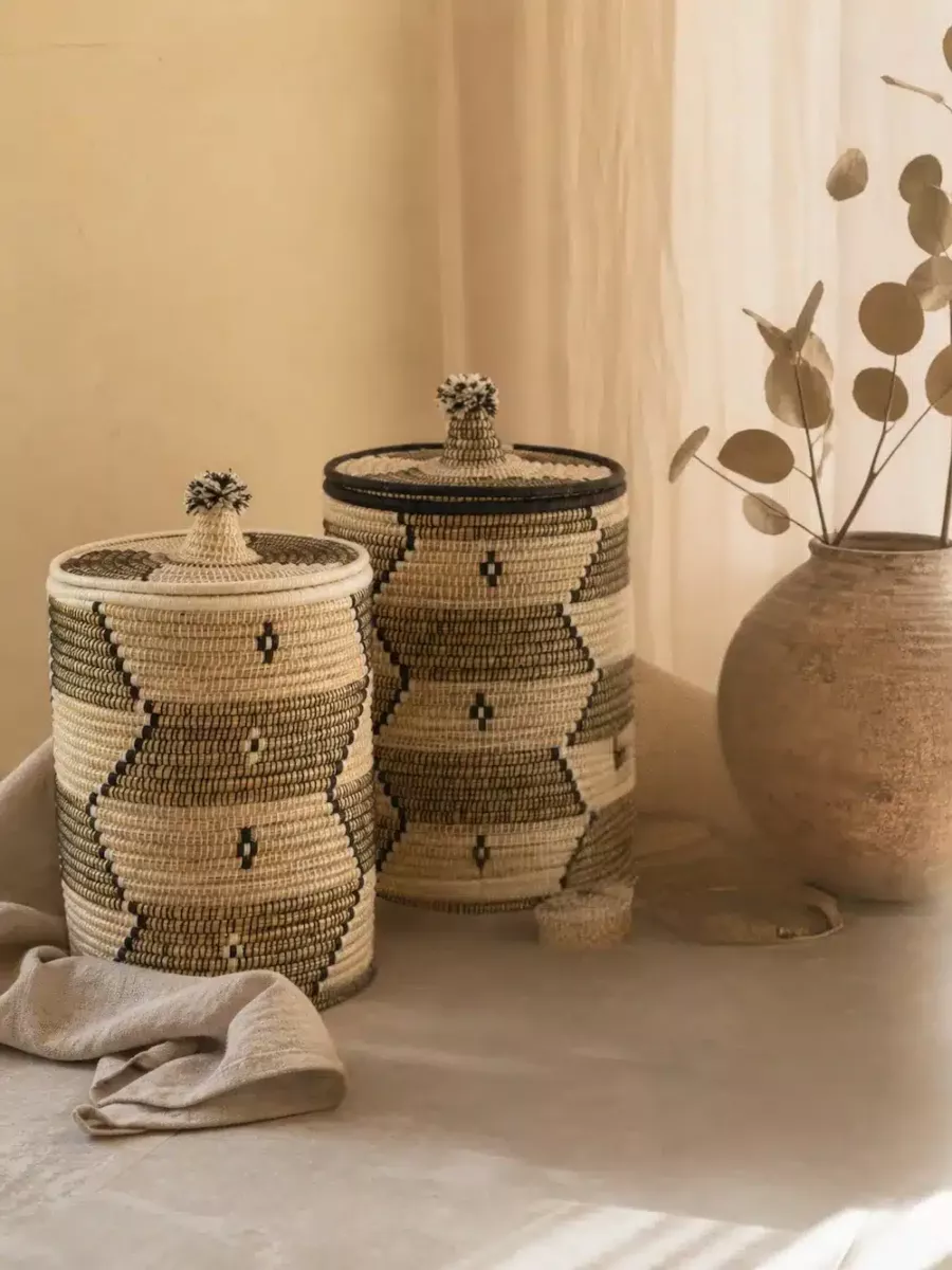 MIRAGE — Grande panière en fibre et laine noir & blanc