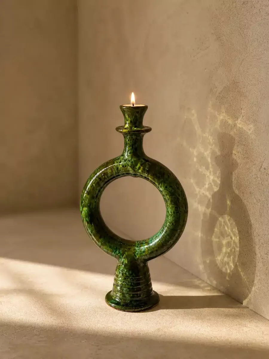 Bougeoir en terre cuite "Soleya Émeraude" – Artisanat marocain brillant